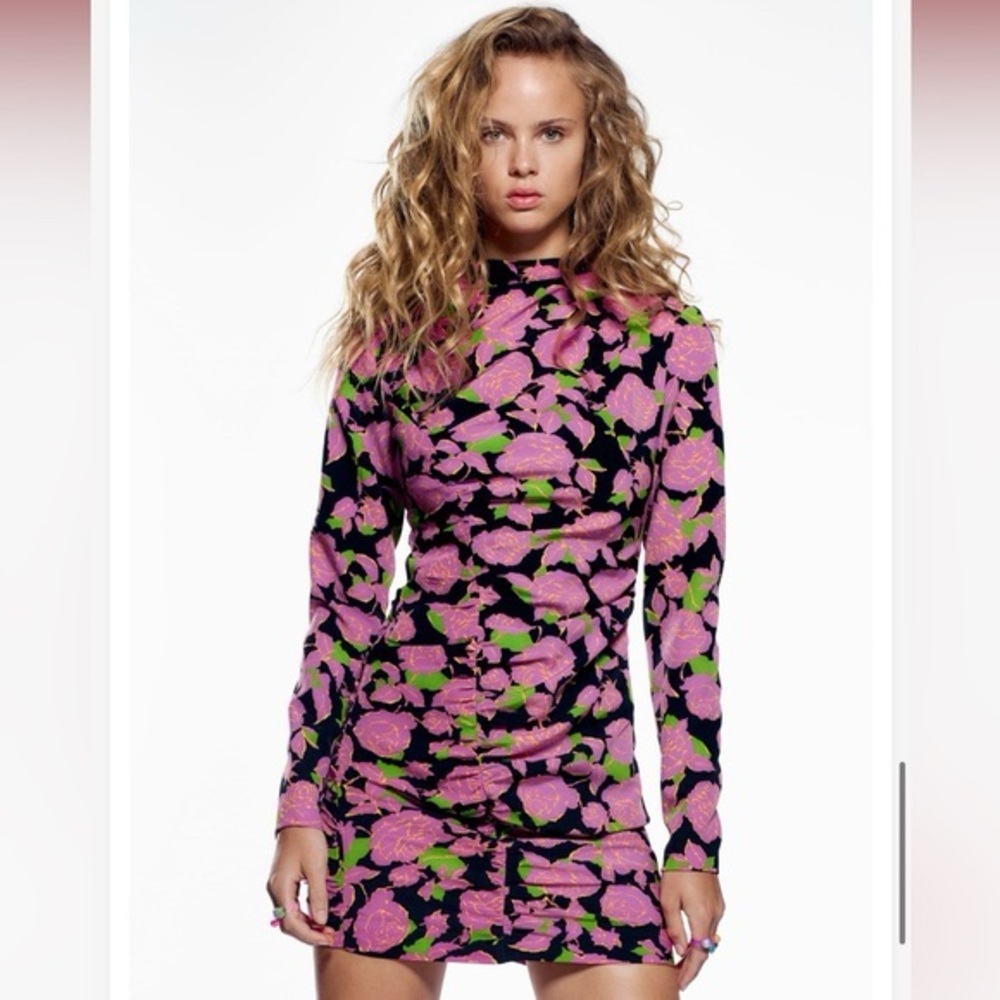 ZARA Floral Ruched Long Sleeve Dress Size XS